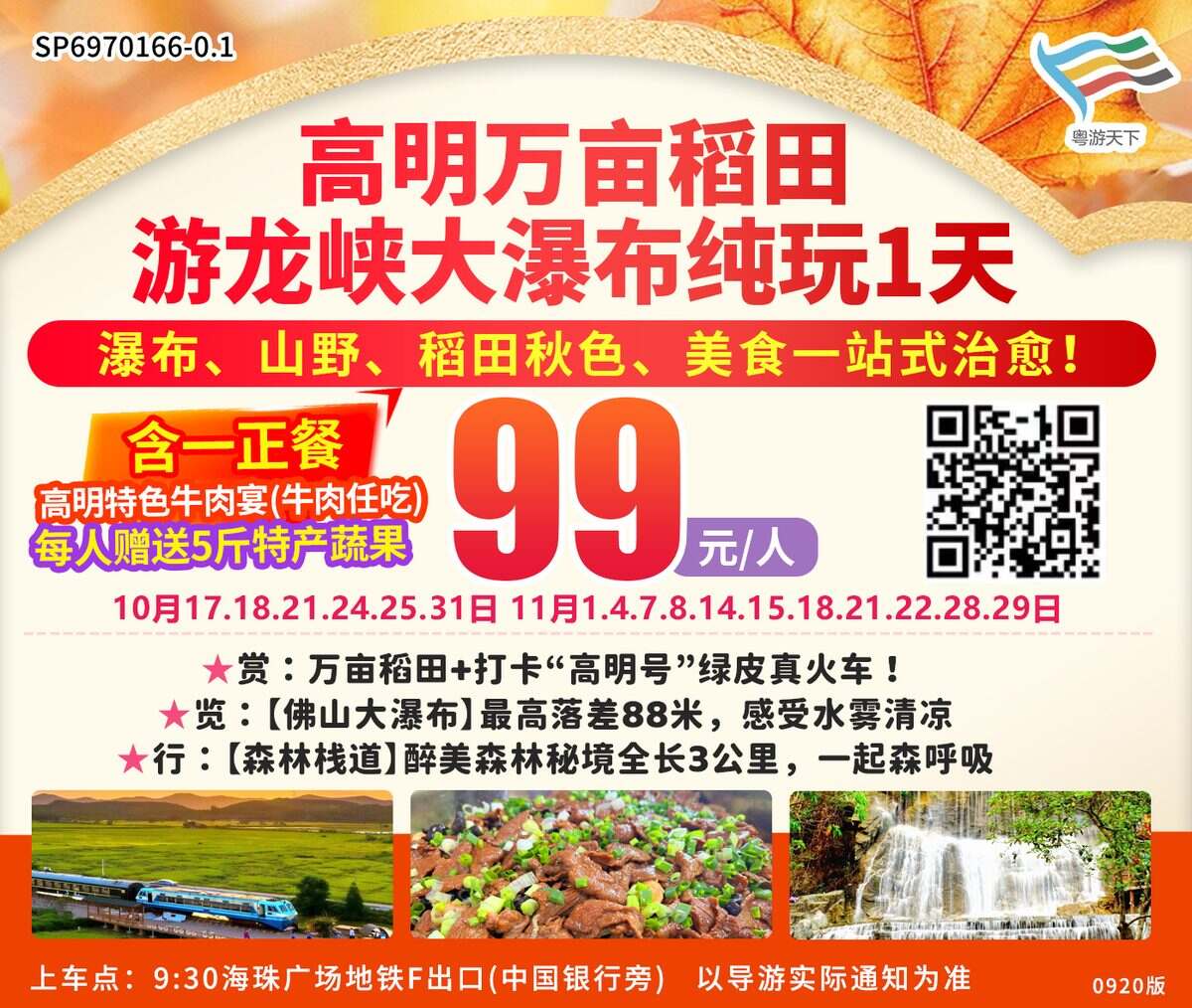 广州往返高明万亩稻田+游龙峡大瀑布，叹大盆牛肉宴